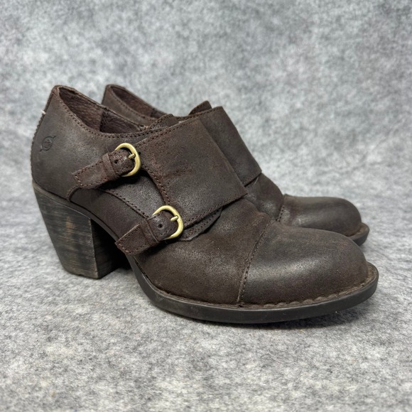 Born Shoes - Born Leather Heeled Ankle Boots Womens Size 7.5M Monk Buckle Brown Block Pilgrim